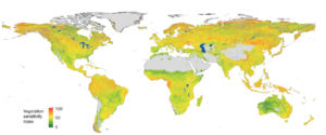 Mapa mostra vulnerabilidade dos ecossistemas pelo mundo, de acordo com índice desenvolvido pelos autores do estudo. Em amarelo e vermelho, os mais sensíveis à variabilidade climática.