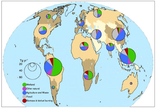Emissões anuais de metano no período 2003-2012 e sua distribuição entre as regiões do planeta; América do Sul lidera